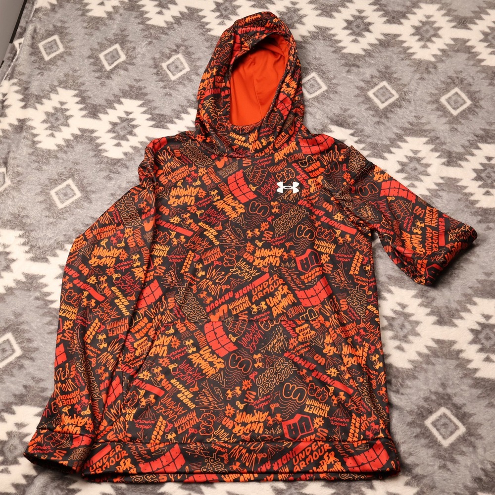 Under Armour Boys Graffiti Logo Hoodie Orange Red YXL Loose Fit Pullover Sweat